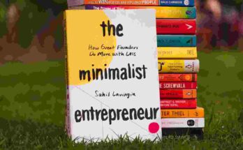 Entrepreneurship Book Surrounded by business book representing founder development.